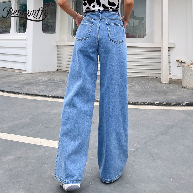 Button Fly Solid Wide Leg Jeans Women Spring Summer Big Pocket Denim Pants Casual Street Ladies High Waist 210510