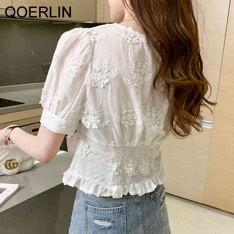 QOERLIN Pearl Button White Shirt Girl Plus Size Summer Retro Short Vneck Puff Sleeve Lace Shirt Women Embroidered Tops 210412