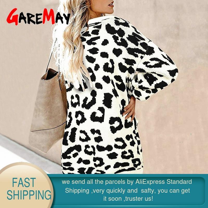 Leopard Print Long Cardigan Female Pocket Lantern Sleeve Loose Knitted Sweater Coat Women Thick Autumn Winter Outerwear Knitwear 210428