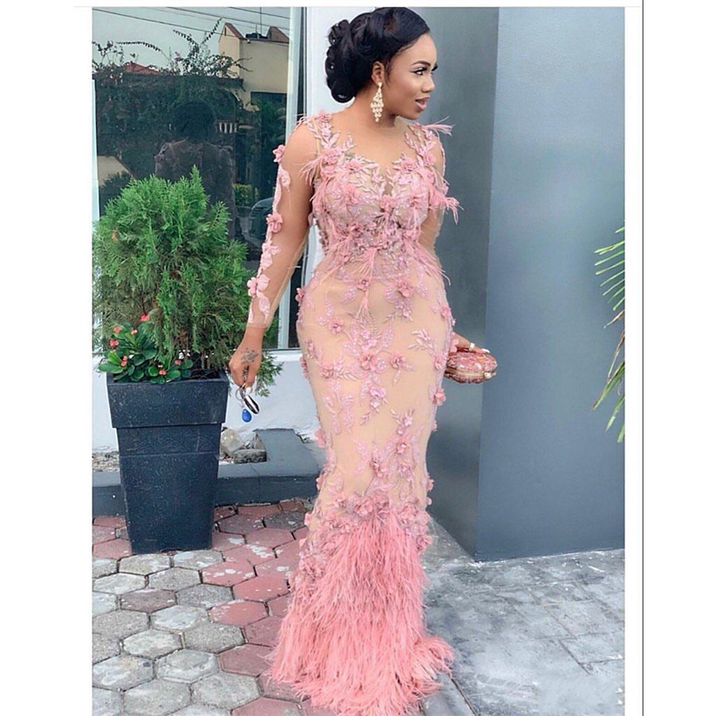 Feather Plus Size Aso Ebi Mermaid Dresses Lace Appliques Long Sleeves Evening Dress Custom Made Or Length Party Gown 6660306