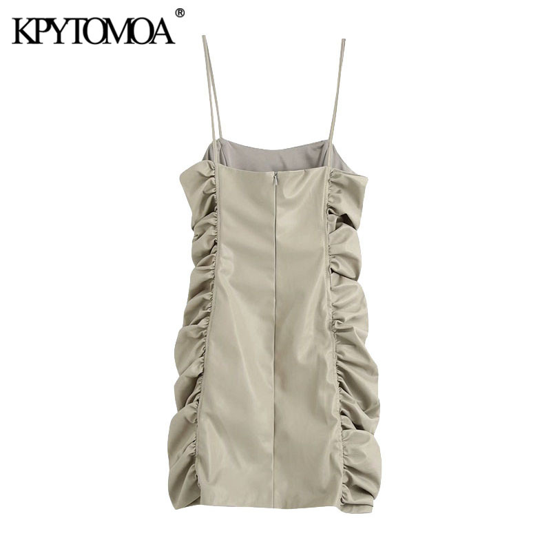 Women Chic Fashion Draped Faux Leather Mini Dress Back Zipper Thin Straps Female Dresses Vestidos Mujer 210420