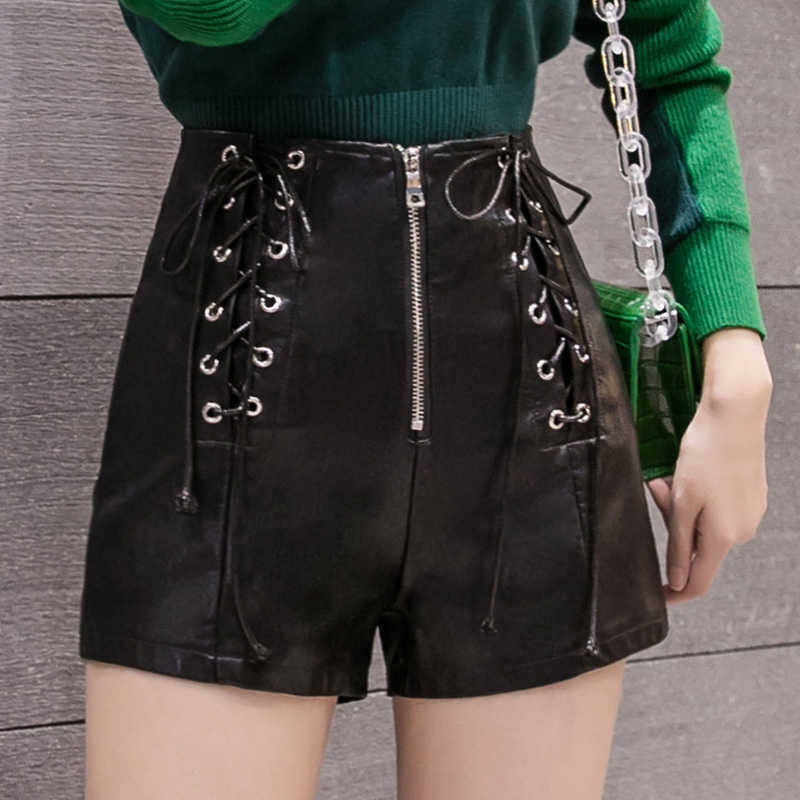PU Leather Shorts Women Korean Boots Bandage Zipper High Waist Casual Midi Female Plus Size Black 210601