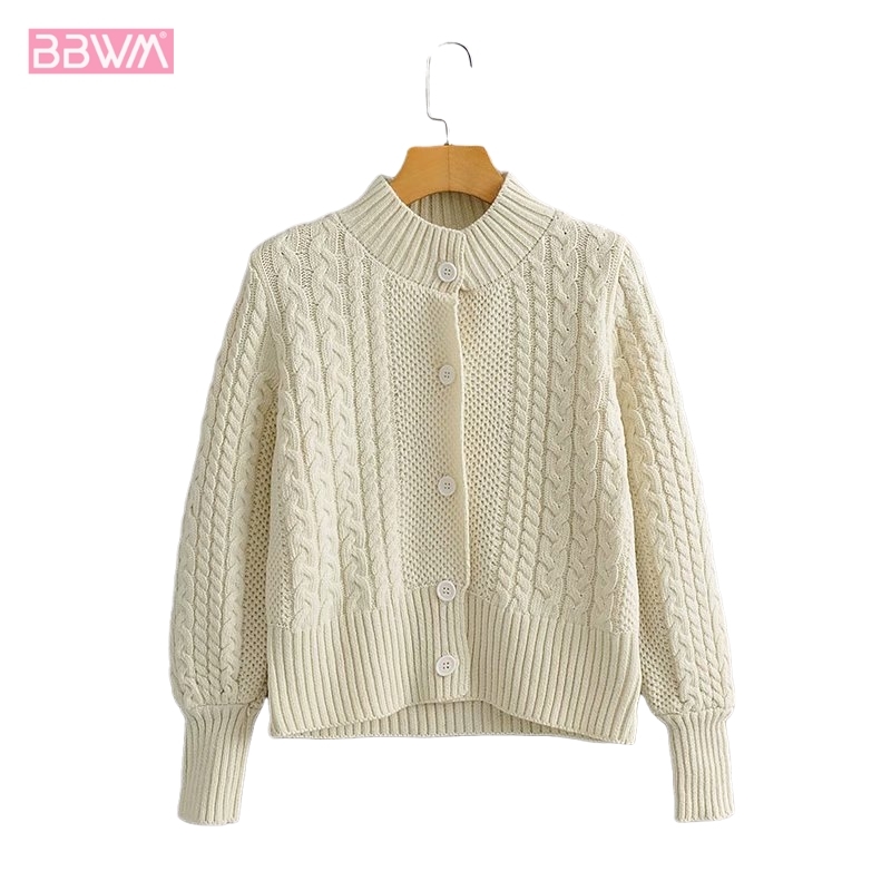 Korean Round Neck Single Breasted Long Sleeve Sweet Chic Female Coat Harajuku Simple Coarse Twist Knit Women's Sweater 210507