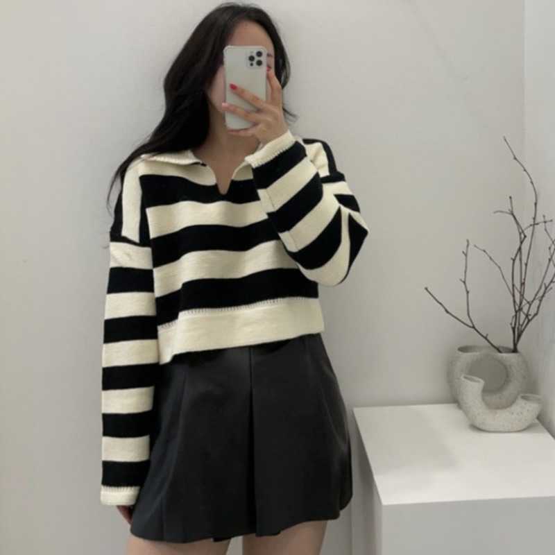 Autumn Turn Down Collar Long Sleeve Knitted Sweater Chic Hit Color Stripe Loose Pullover Tops Korean Fashion Woman Sweaters 211018