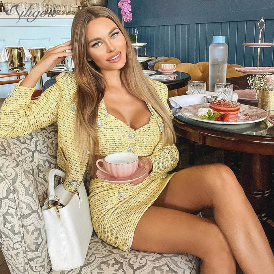 Summer Fashion Lady Button Sequined Woolen Long Sleeve Jacket + Sling Skirt 3-piece Sexy Banquet Set 210527