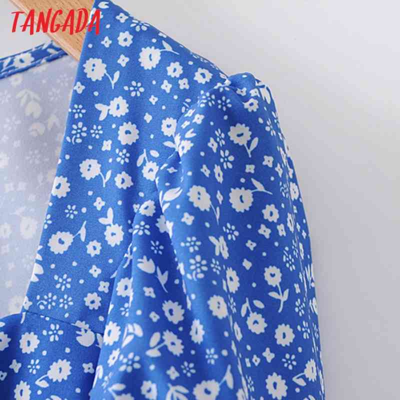 Summer Women Flowers Print French Style Puff Short Sleeve Ladies Midi Dress Vestidos 2M128 210416