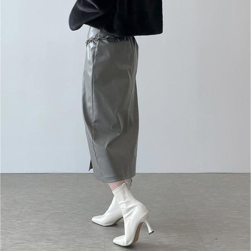 OL Elegant Women High Waist Vintage Fashion Split Pu Leather Skirt Autumn Winter Work Wear Solid Long Skirts Womens 210421