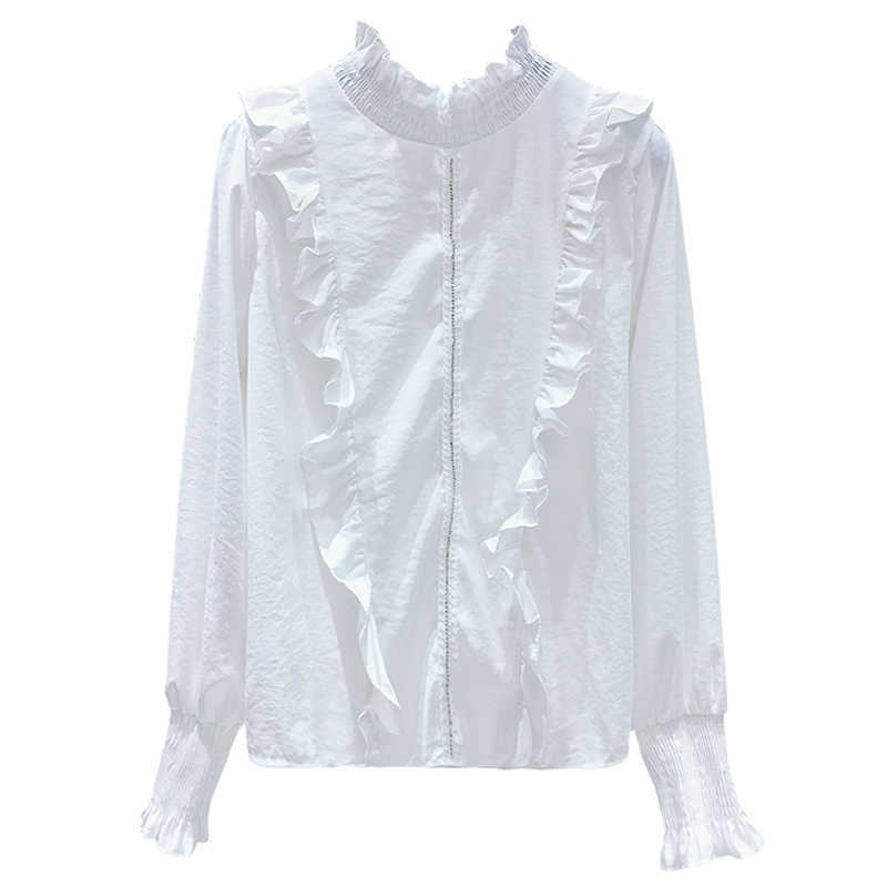 Solid Pleated Ruffles Patchwork Stand Shirt for Women's Spring Blouse 210615