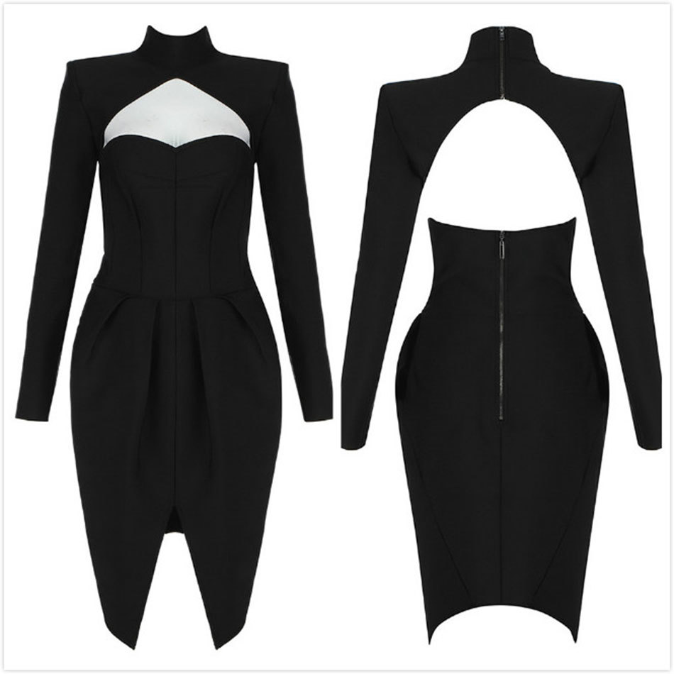 Free Chic Women's Black Irregular Bandage Dress High Neck Long Sleeve Bodycon Club Party Hollow Sexy Dresses 210524