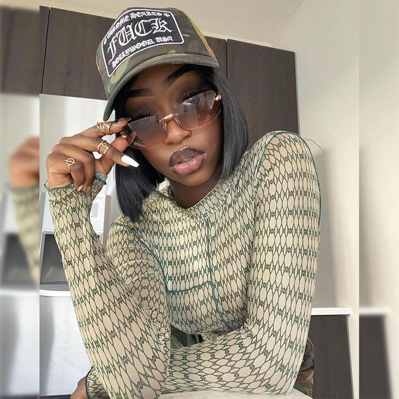 S-L Women Mock Neck Crop Top Stylish Long Sleeve Lettuce Trim Slim Fit Sheer Mesh See-through Tee Turtleneck T-Shirt Women's