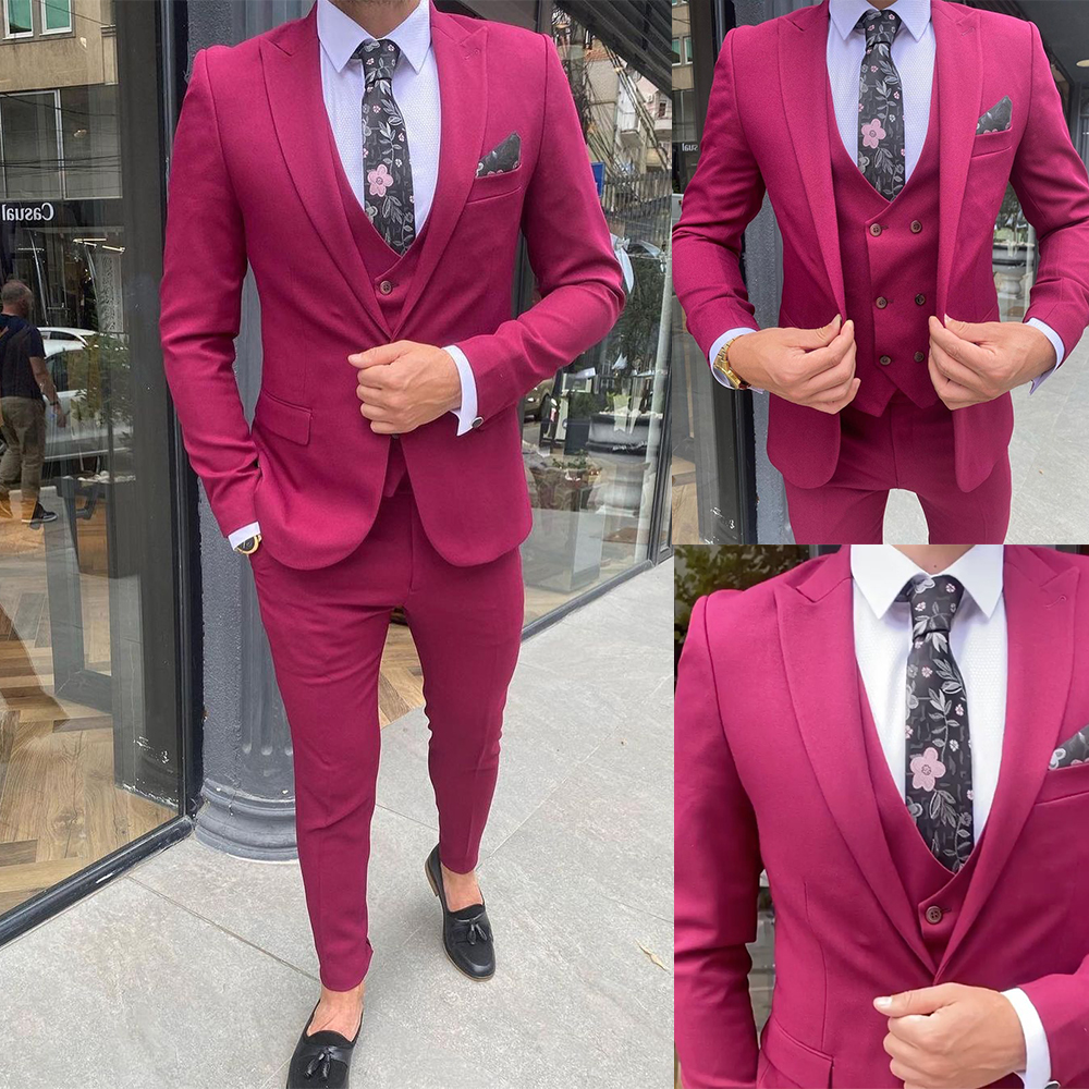 Cocktail Party Handsome Men Wedding Tuxedos 3 Pieces Slim Fit Groom Suits for Groomsmen Jacket Blazer Clothes Wear Waistcoat