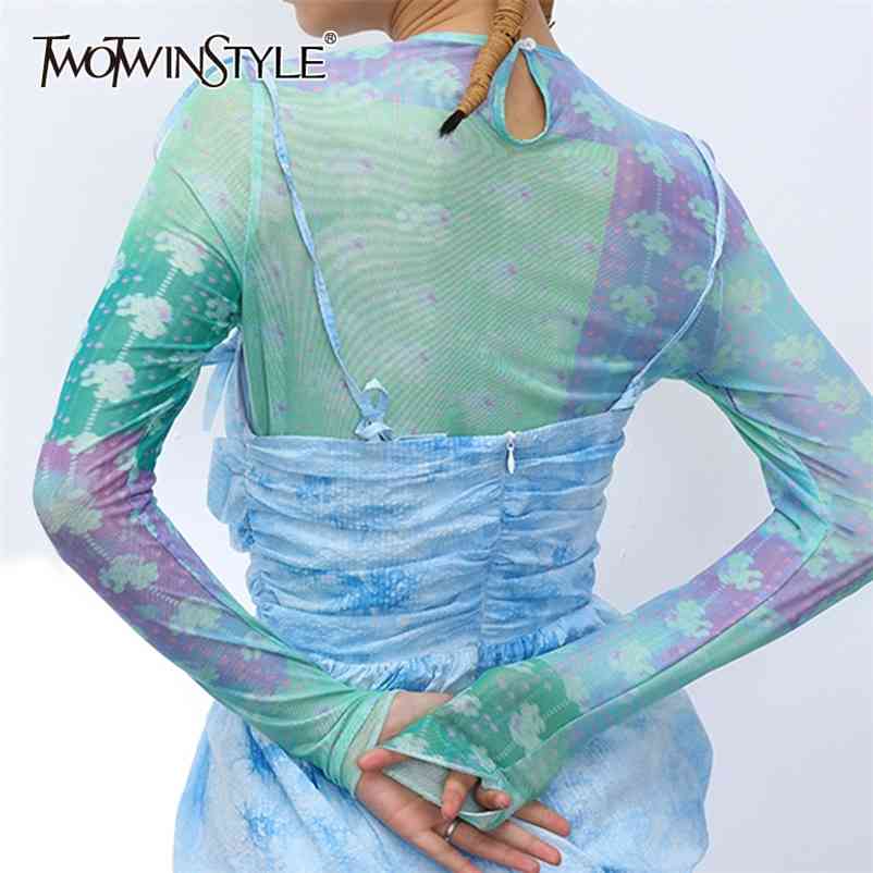 TWOTWINSTYLE Casual Print Women T-Shirt O Neck Long Sleeve Elastic Fabric Slim Hit Color T Shirt Female Fashion Clothes New 210401