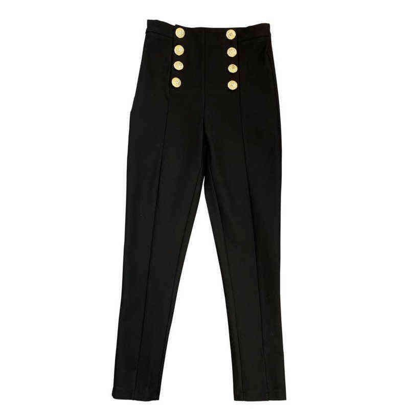 DEAT Autumn Spring Women Fashion Double Breasted Golden Button Decoration High Waist Slim Casual Pencil Pants RC768 211112
