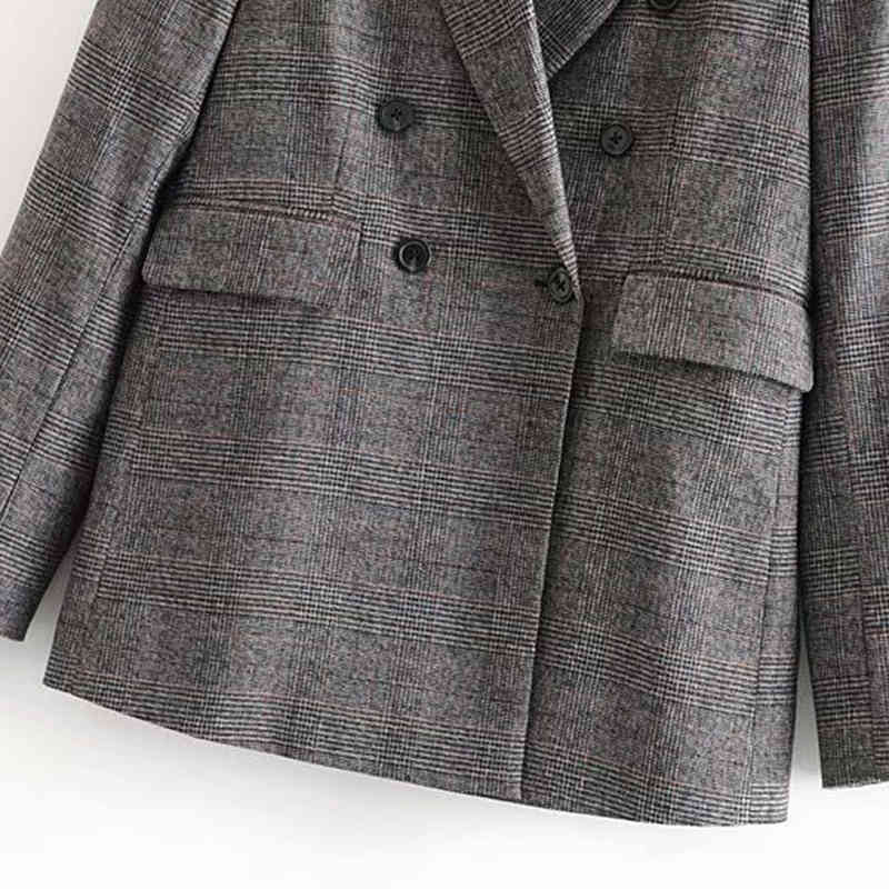 Vintage Double Breasted Women Plaid Blazers Suit Pockets Notched Collar Retro Coat Long Sleeve Lattice Office Jacket Outerwaer 210515