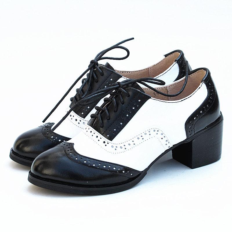 Dress Shoes British Style Vintage Mixed Colors Selling Women's Genuine Leather Thick Heel Wing Tip Oxford For Women