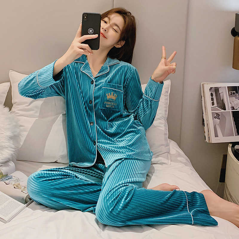 JULY'S SONG Woman Knitted Pajamas Set 2 Pieces Solid Color Velvet Lapel Long Sleeve Trouser Striped Casual Winter Sleepwear 210809 - view 5