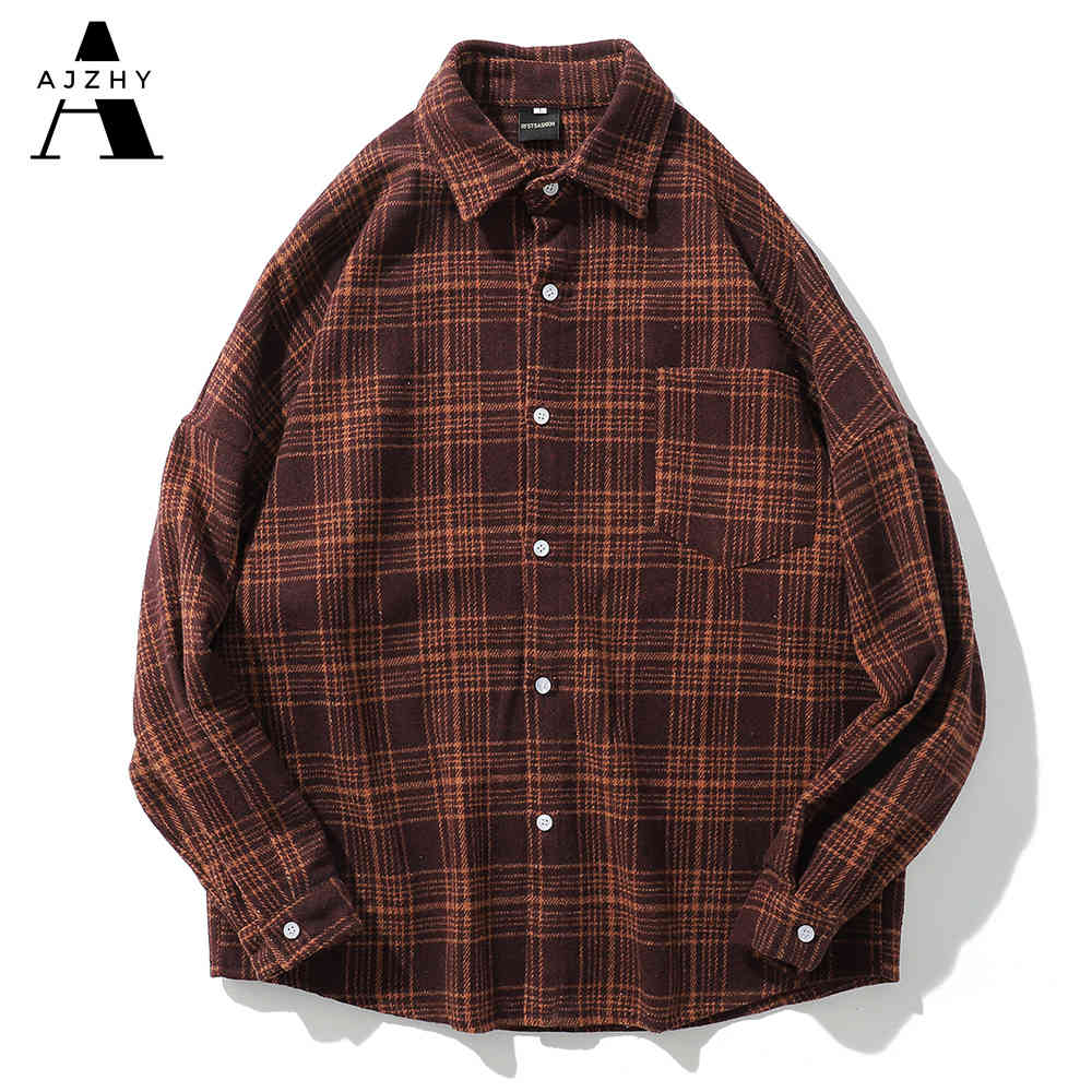 Casual Men Shirt Long Sleeve Autumn Winter Thick Plaid flannel Shirts Mens of Women Vintage Japanese Streetwear Pocket Camisas 210410