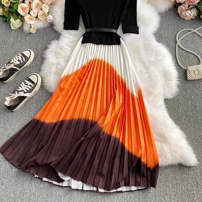 Long Sleeve Knitted Stitching Round Neck Pleated Dress Women 1012 Casual Dresses