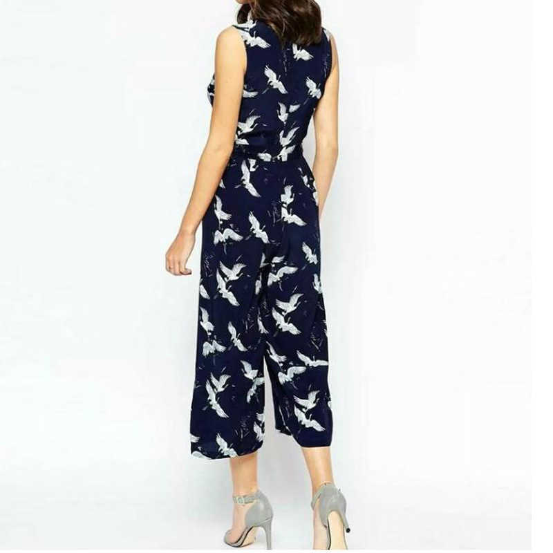 women cute crane print jumpsuit sashes pockets sleeveless pleated rompers ladies vintage casual jumpsuits 210607