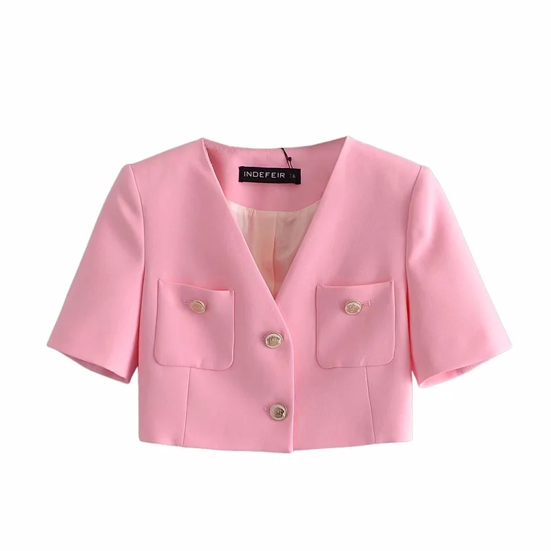 Elegant Women Pink Tweed Cropped Blazer Jacket Summer Single Breasted Double Pockets Short Sleeve Jacket Coat Chic Tops 210521