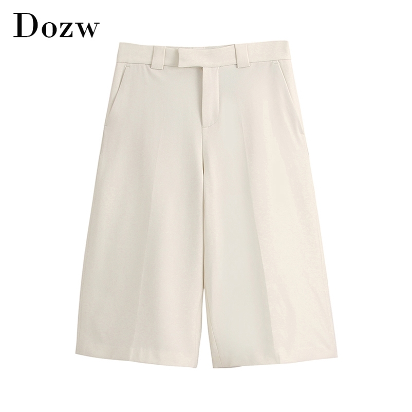Women Loose Casual Half Pants Solid Fashion High Waist Wide Leg Trousers Ladies Office Suit Pantalon Femme 210515