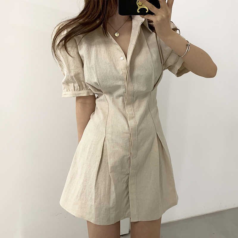 Korejpaa Women Dress Summer Korean Chic French Retro Lapel Single-Breasted Pleated Waist Puff Sleeve Shirt Style Vestidos 210526
