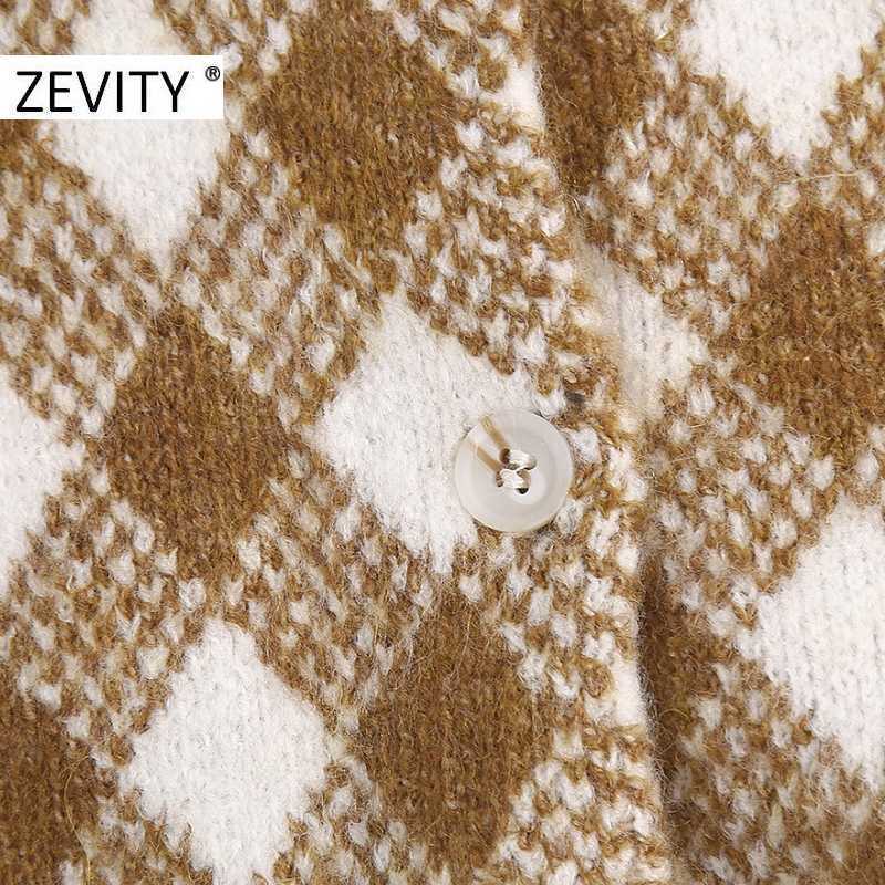 Zevity Women Fashion O Neck Geometric Print Short Knitting Sweater Lady Long Sleeve Breasted Chic Casual Cardigans Tops S455 210603