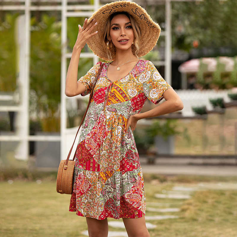 Summer Vintage Print Short Sleeve Dres V Neck Bandage Casual Loose Streetwear Holiday Beach Mini Dresses 210604, Navy blue
Summer Vintage Print Short Sleeve Dres V Neck Bandage Casual Loose Streetwear Holiday Beach Mini Dresses 210604, Navy blue