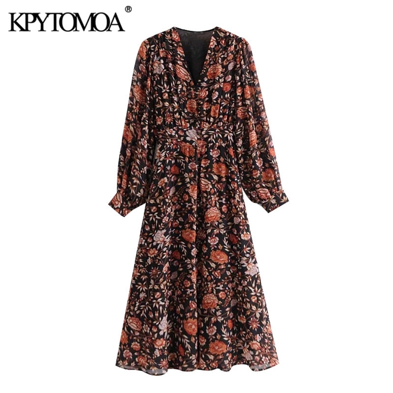 Women Chic Fashion Floral Print Pleated Midi Dress Puff Sleeve With Lining Female Dresses Vestidos Mujer 210420