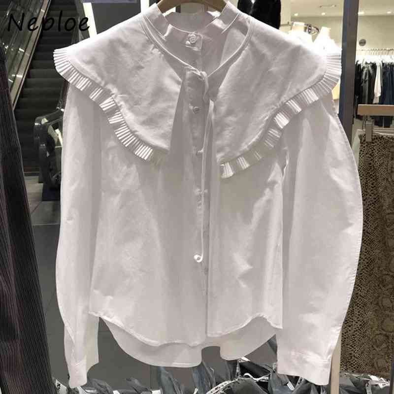 Elegant Wooden Ear Patchwork Loose Blouse Women Peter Pan Collar Long Sleeve Solid Blusas Spring Shirt 210422Z