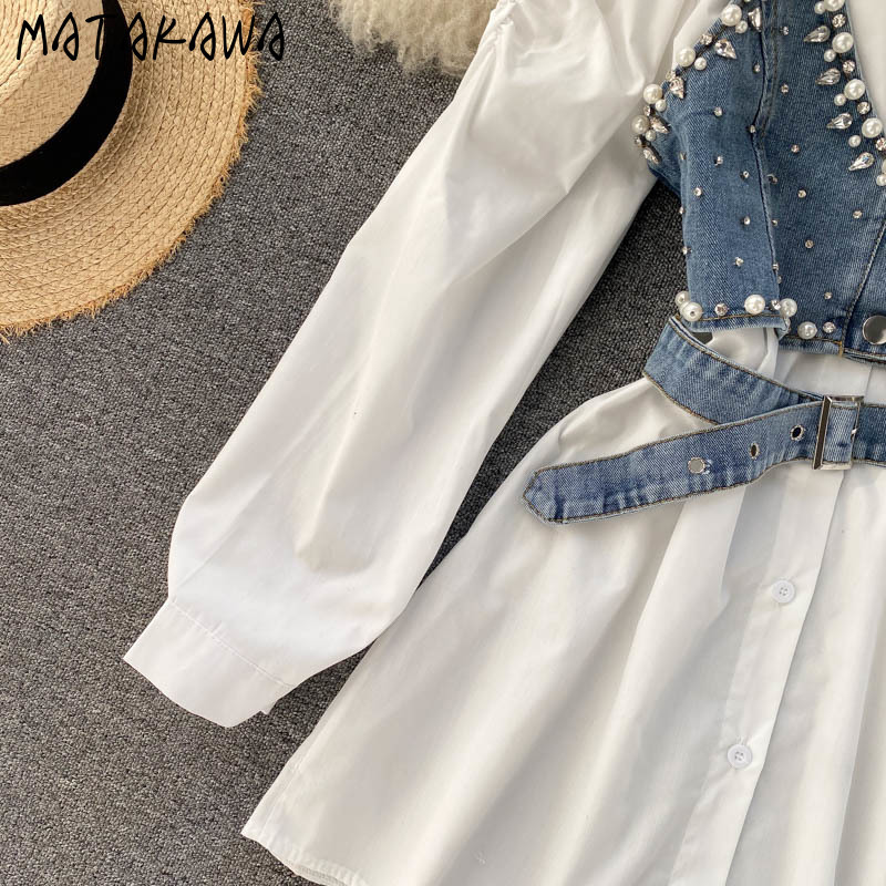 MATAKAWA Loose Women Blouses Lapel Beaded Ladies Shirt Stacking Bead Sling Waistcoat Chic Fashion Two-piece Set Women 210513