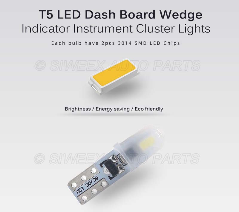 10Pcs/Set T5 Vehicle Dashboard LED Lights 2 3014 SMD Reading Instrument Panel Lamp LED-Bulb White 12V DC Light Universal