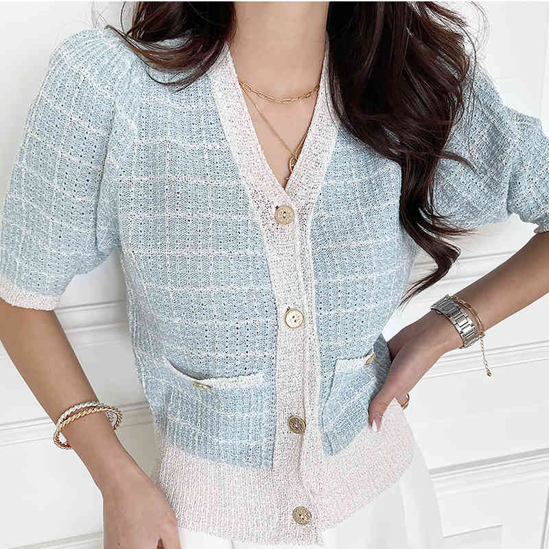Women Sweater Summer Korea Chic French Style V-Neck Plaid Single-Breasted Loose Double Pocket Puff Sleeve Cardigan 210514