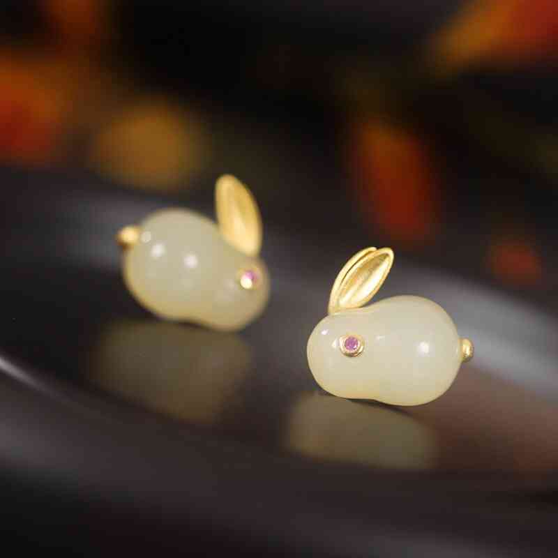 S925 Silver Plated Hetian Jade Pendant Lovely Temperament Rabbit Children's Earrings Bracelet Ring Necklace Set
