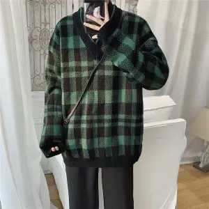 Retro sweater trend autumn and winter plaid V-neck loose men's trend Korean pullover mens sweater Y0907