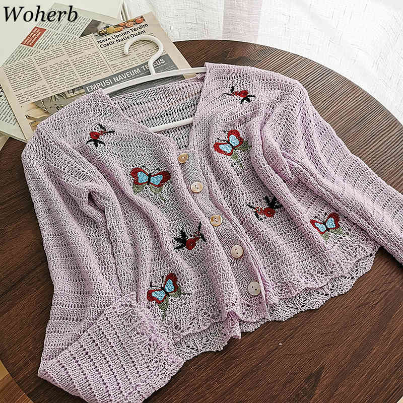 Elegant Summer Thin Holloe Out Cardigans Sweater Women V Neck Butterfly Embroidery Cropped Tops Lady Knitted Capes 210519