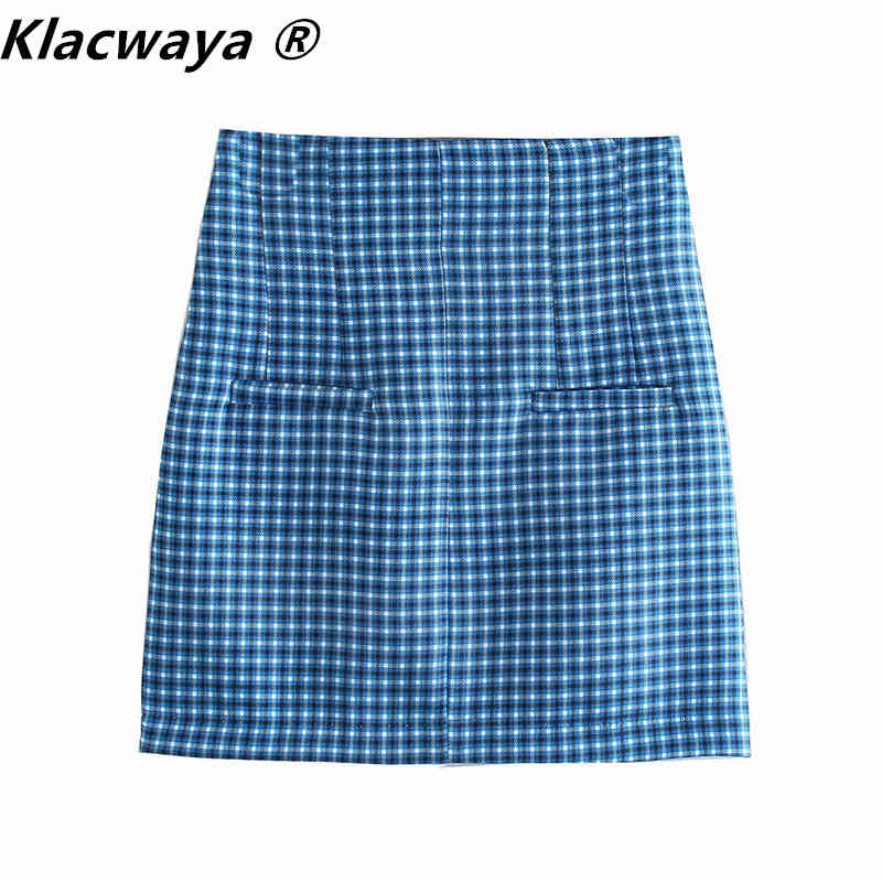 Women Chic Fashion With Back False Pockets Checked Mini Skirt Vintage High Waist Side Zipper Female Skirts Mujer 210521
