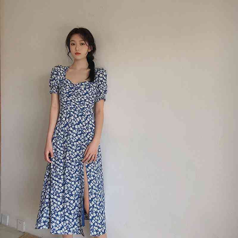 Chic Casual Puff Sleeve Women Maxi Dresses Plus Size V Neck Split Floral Dress Summer A-Line Ladies Robe Blue Vestidos 210521