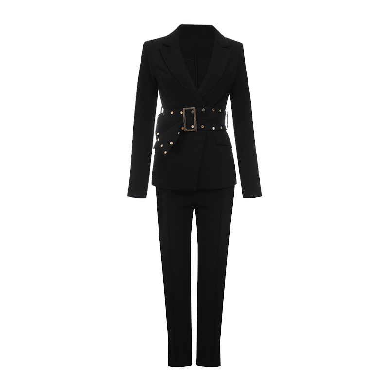 Business Spring Autumn Women 2 Piece Set Formal Black Long Sleeve Notched Blazers Coat+OL Pencil Pant Suit With Belt 210518