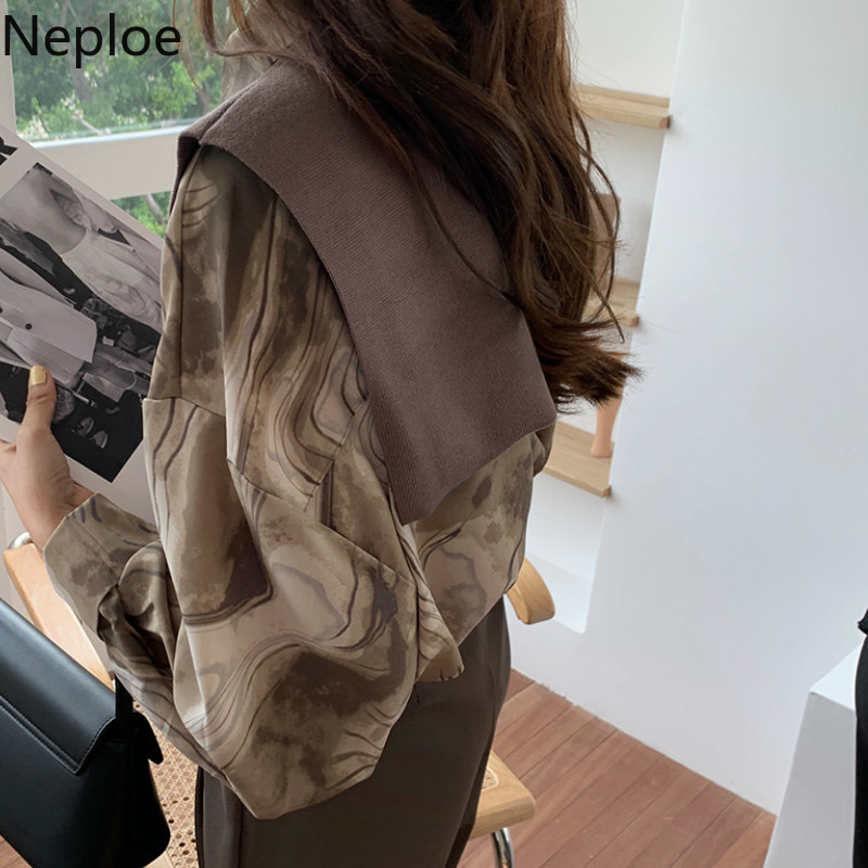 Neploe Temperament Blouses Women Chic Shawl Vintage Print Shirts Fall Clthes Loose Turn-down Collar Long Sleeve Blouse Tops 210422