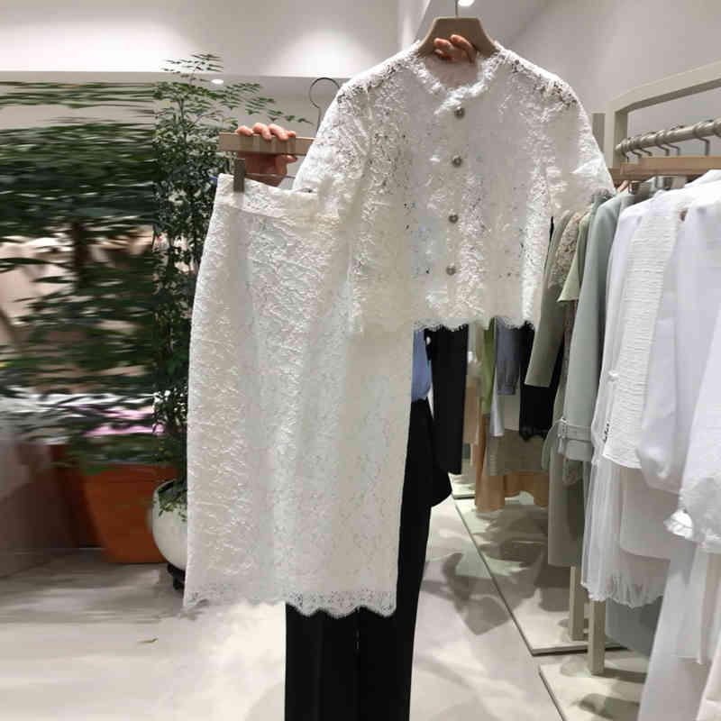 Nomikuam Fashion Elegant Lace Women Skirt Sets Short Sleeve Blouse Tops + High Waist Slim Skirts Korean 2 Pieces Outfits 6H504 210427