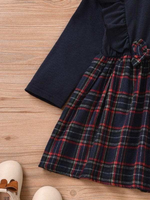 Toddler Girls Tartan Bow Front Ruffle Trim Frilled Neck Dress SHE