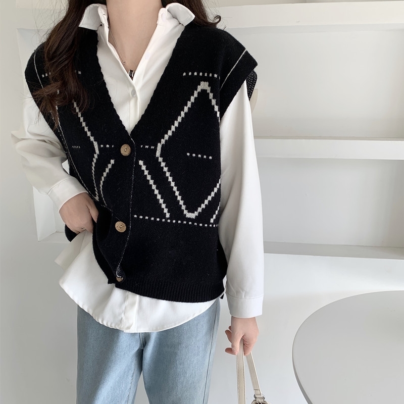Single Breasted Plaid Knitted Carigan Vest Women Sleeveless V-neck Tops Korean Vintage Female Sweater Femme 210514