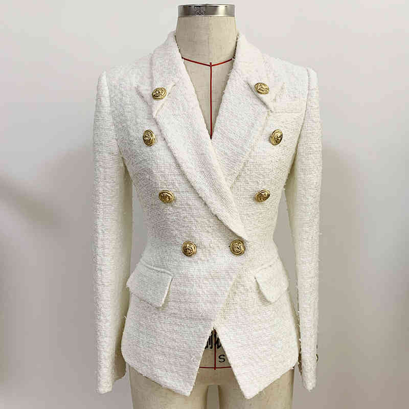 HIGH STREET Newest Fall Winter Jacket Women's Double Breasted Lion Buttons Slim Fitting Tweed Blazer 210330