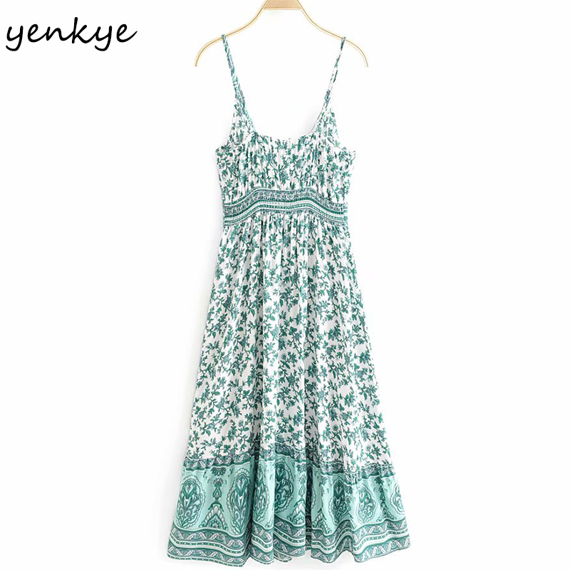 YENKYE Floral Print Holiday Sexy Sling Dress Women V Neck Sleeveless A-line Casual Long Dress Female Summer Boho Beach Robe 210515