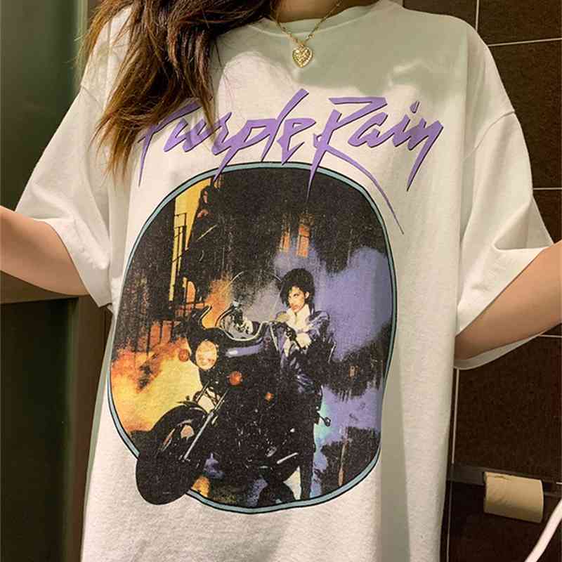 Kuakuayu HJN Rain Vintage Graphic Tee Female Short Sleeve Purple Chic Printed Tops Summer Cotton Loose Casual T Shirt 210406