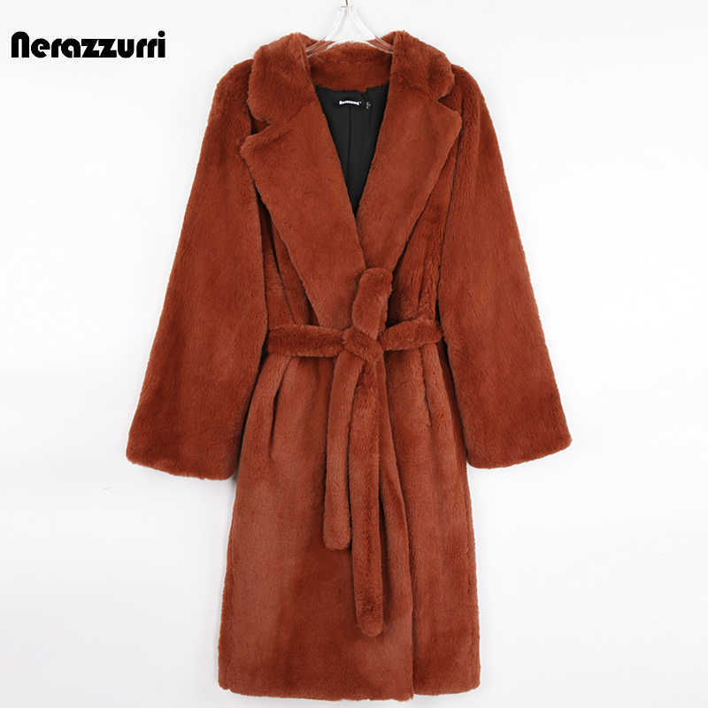 Nerazzurri Autumn Long Oversized Brown Soft Light Faux Fur Coat Women Long Sleeve Belt Casual Korean Fashion without Buttons 211019