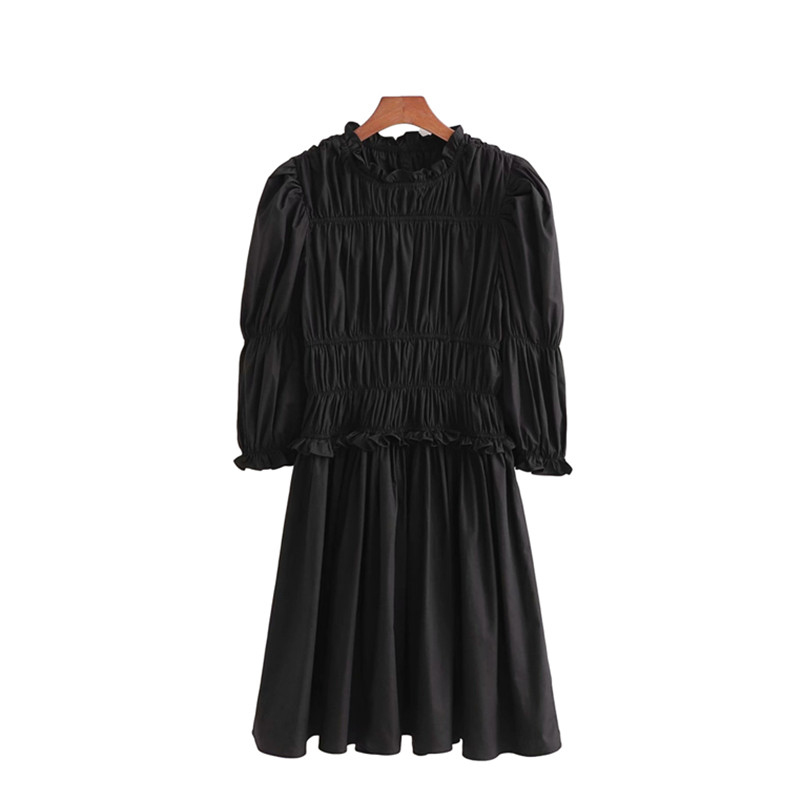 Casual Woman Black Soft Pleated Satin Dress Spring Fashion Ladies Puff Sleeve es Female Elegant A-Line 210515