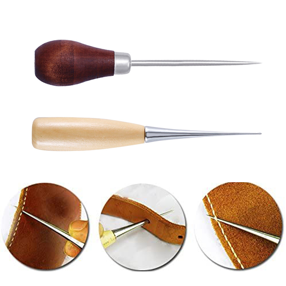 1PC Leather Sewing Awl Wood Handle Drillable Awl Pin Punch Hole Shoes Repair Tool Hand Stitcher Leather Craft Needle