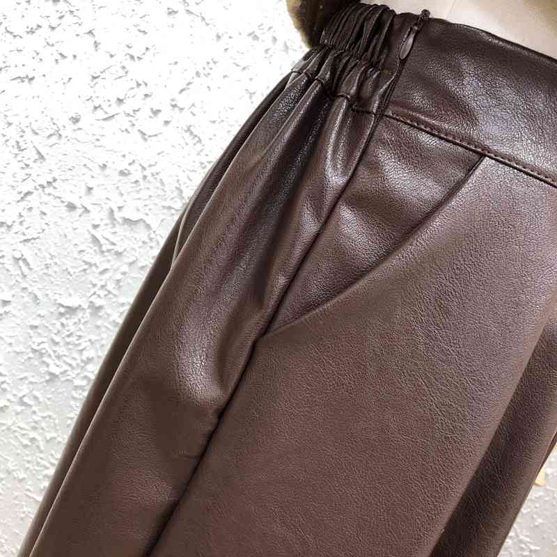 Women Solid Pu Leather Skirts with Pockets Autumn Winter High Waist Folds A-Line Mid Calf Skirt Female 210514